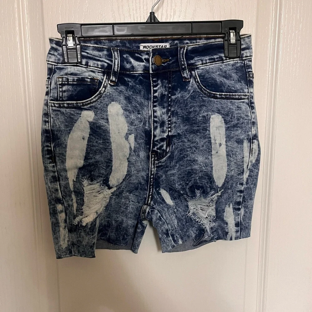 Women’s Distressed Punk Paint Blue Denim Shorts - Picture 1 of 5